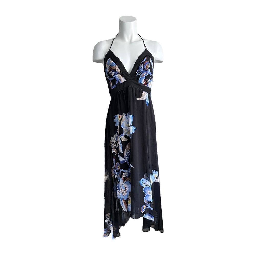 White House Black Market Women's Black Floral Halter High-Low Maxi Dress‎ Size 2